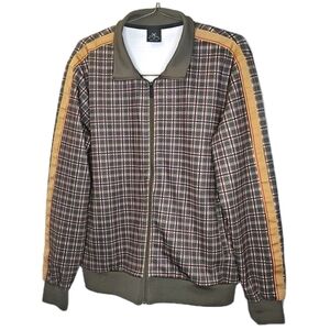Jian Wang Track Jacket Men Large Green Plaid Full Zip Mock Neck Preppy Academia